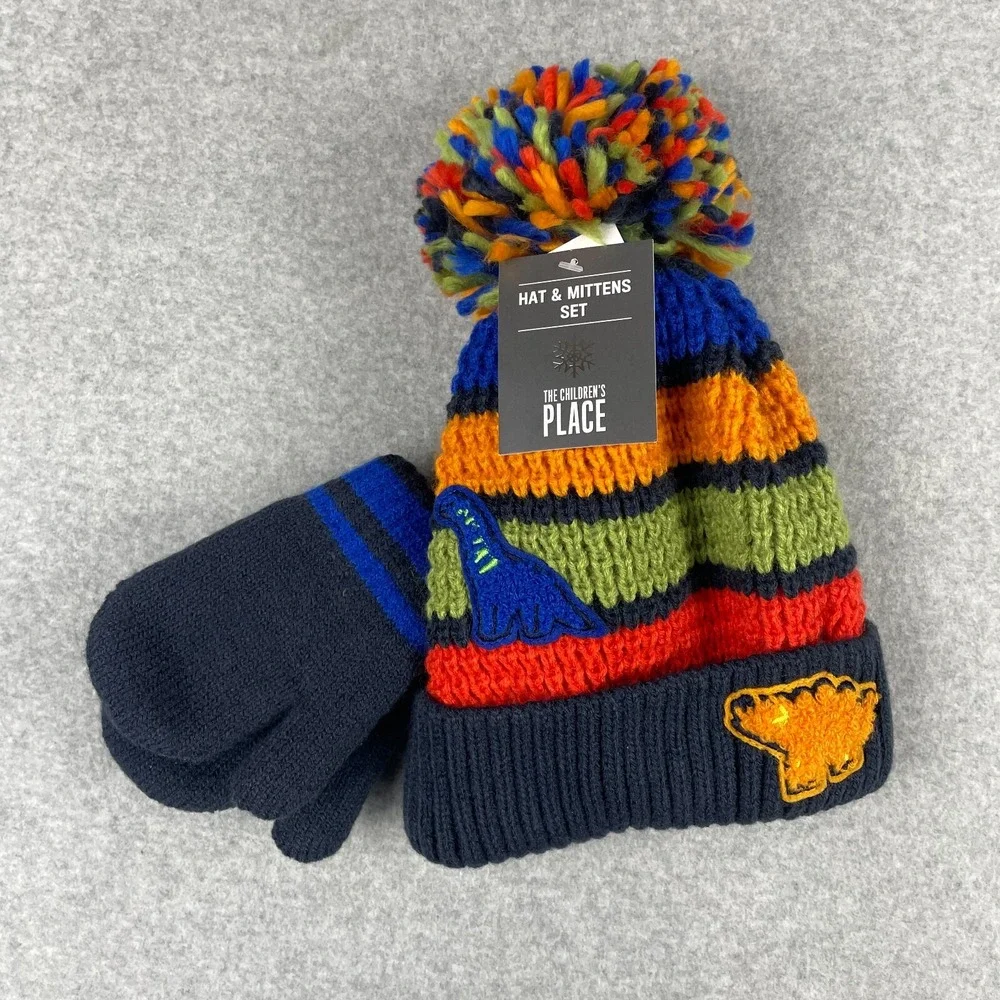 The Childrens Place Beanie Mitten Set Kids 4T-5T Dinosaur Winter‎ Colorful NWT